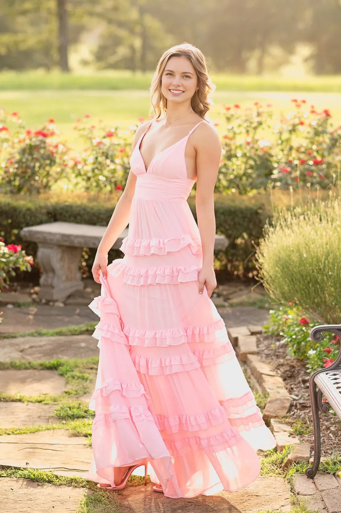 Vestido Weitese de gasa rosa con escote en V y dobladillo con volantes para dama de honor y fiesta